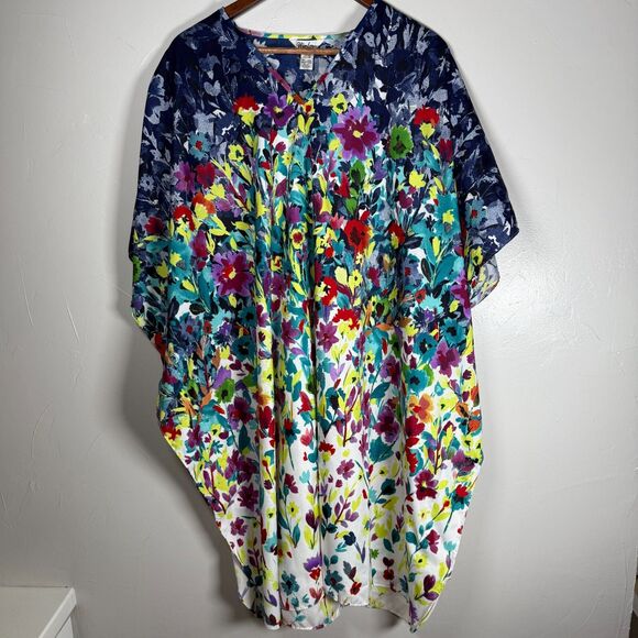 Winlar Kimono House Dress Colorful Floral Watercolor One Size Fits Most - Picture 1 of 12